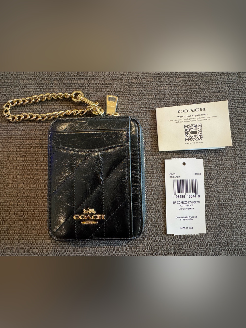 Coach Black Leather Zip Card Case/Wallet with Chain Wrist Strap